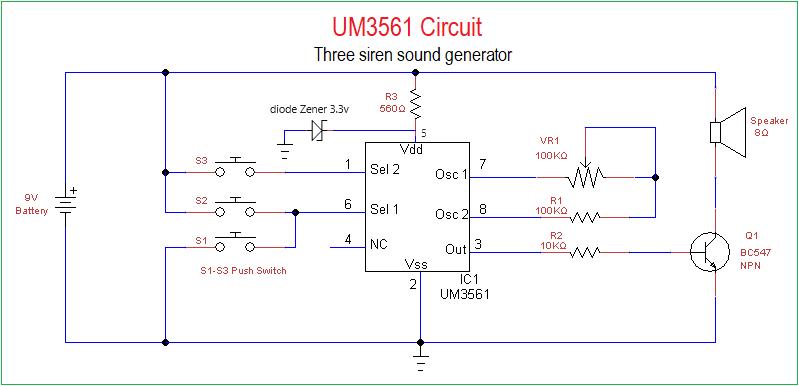 مدار تولید کننده صدای سه آژیر با استفاده از UM3561